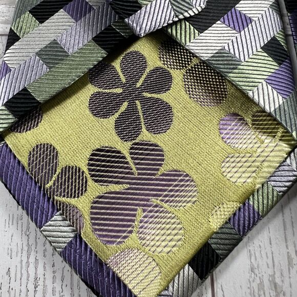 Roberto Villini Couture Silk Tie Geometric Green Purple Handmade Men's Necktie - Picture 6 of 7